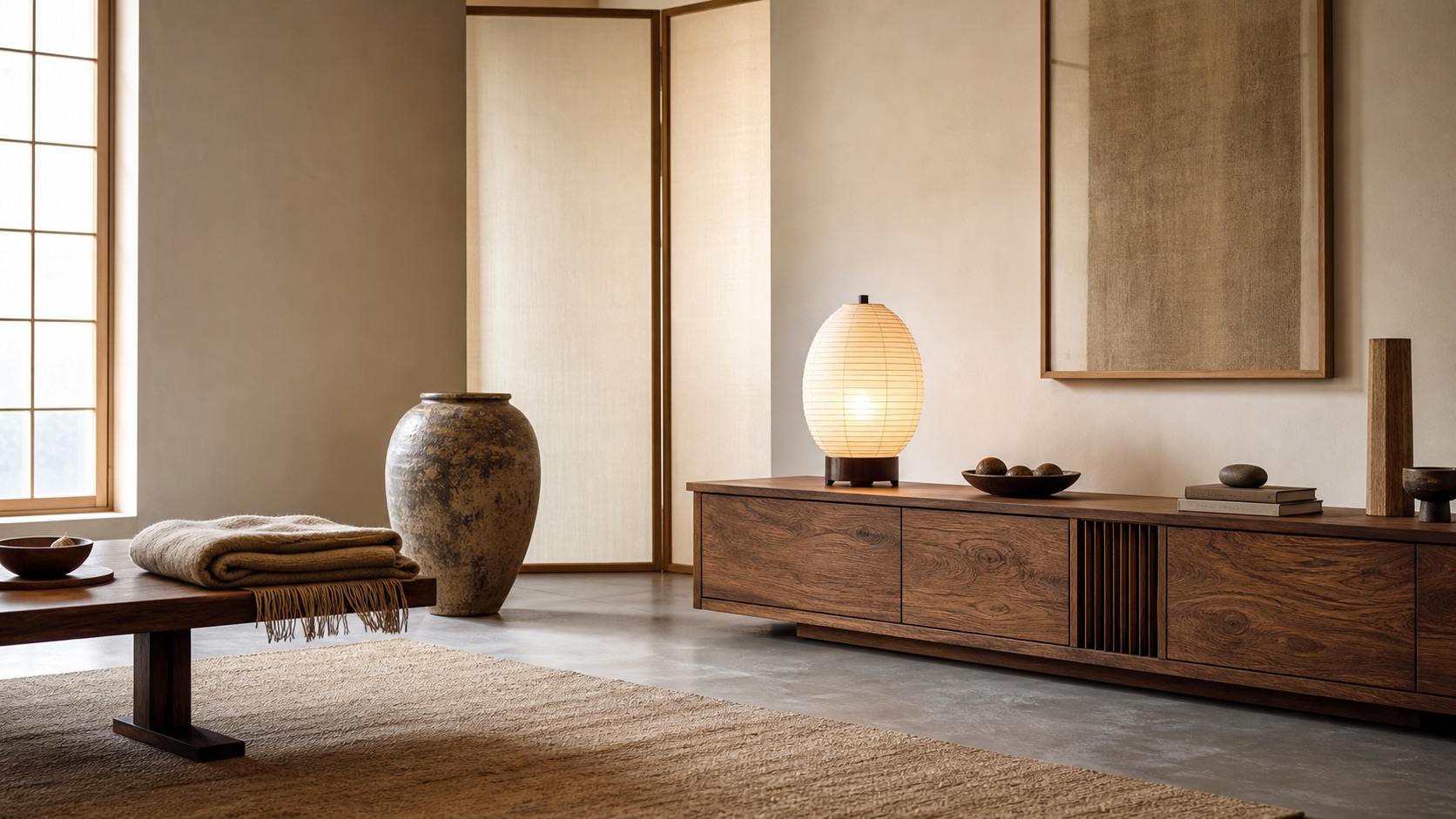 Asiatisk inredning i japansk anda: låg sideboard i valnöt med rispapperslampa, vikskärm i trä och papper, patinerad keramikurna och jutematta i ett stilla beige rum