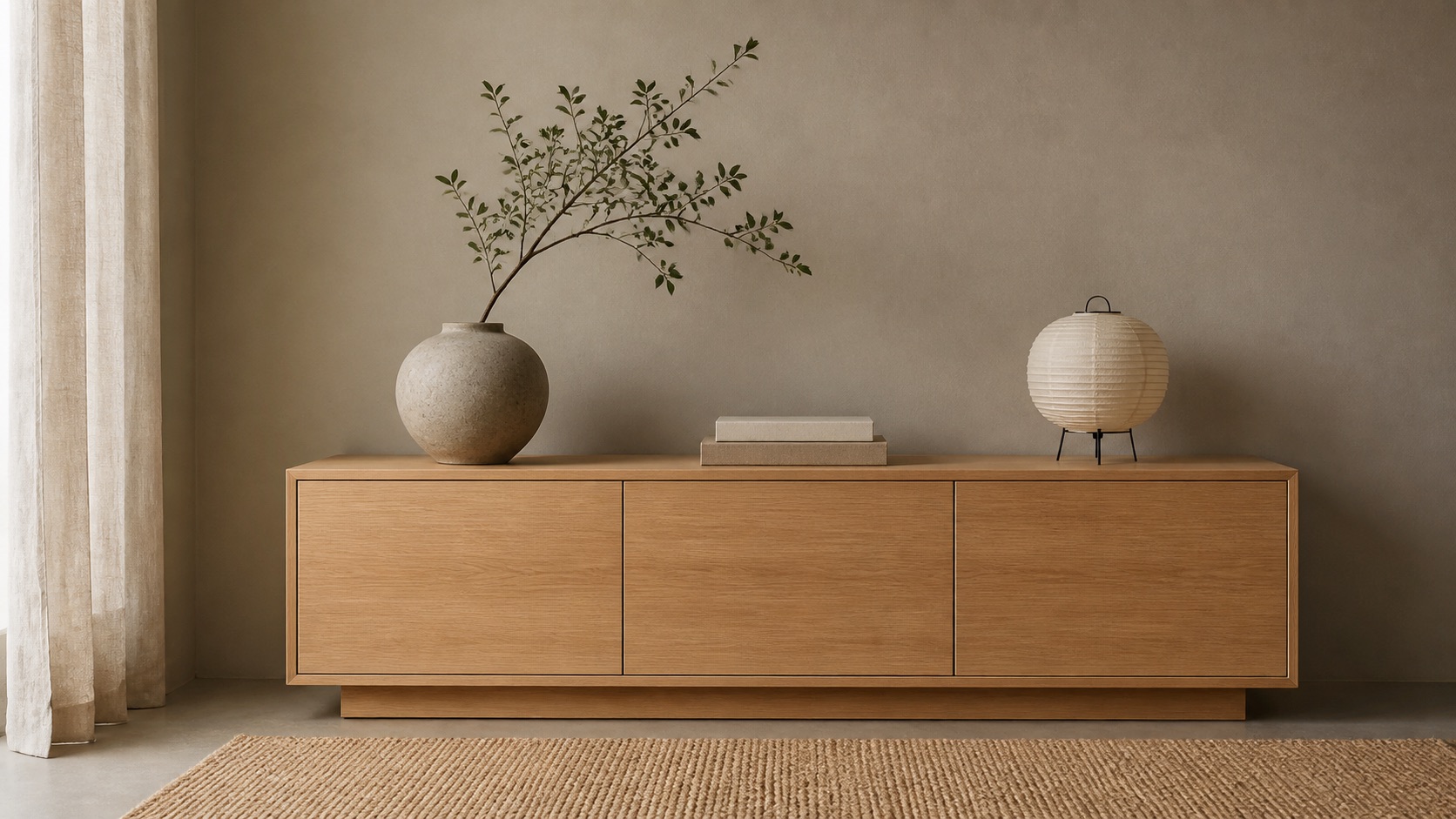Låg japandi-sideboard i massiv ljus ek med rena, handtagsfria luckor, stylad med en stengodsvas med en kvist, en stapel böcker och en rispapperslampa mot en greige vägg
