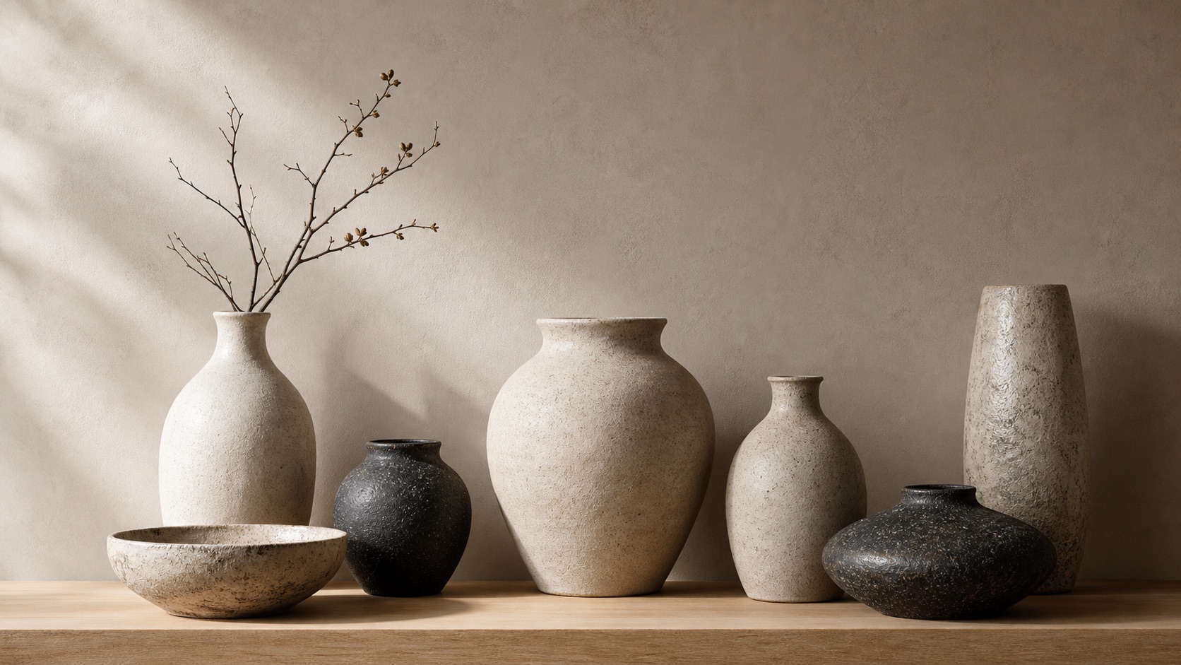Grupp handgjorda stengodsvaser och en skål i matta jordnära glasyrer med organiska wabi-sabi-former på en ekhylla mot en greige vägg