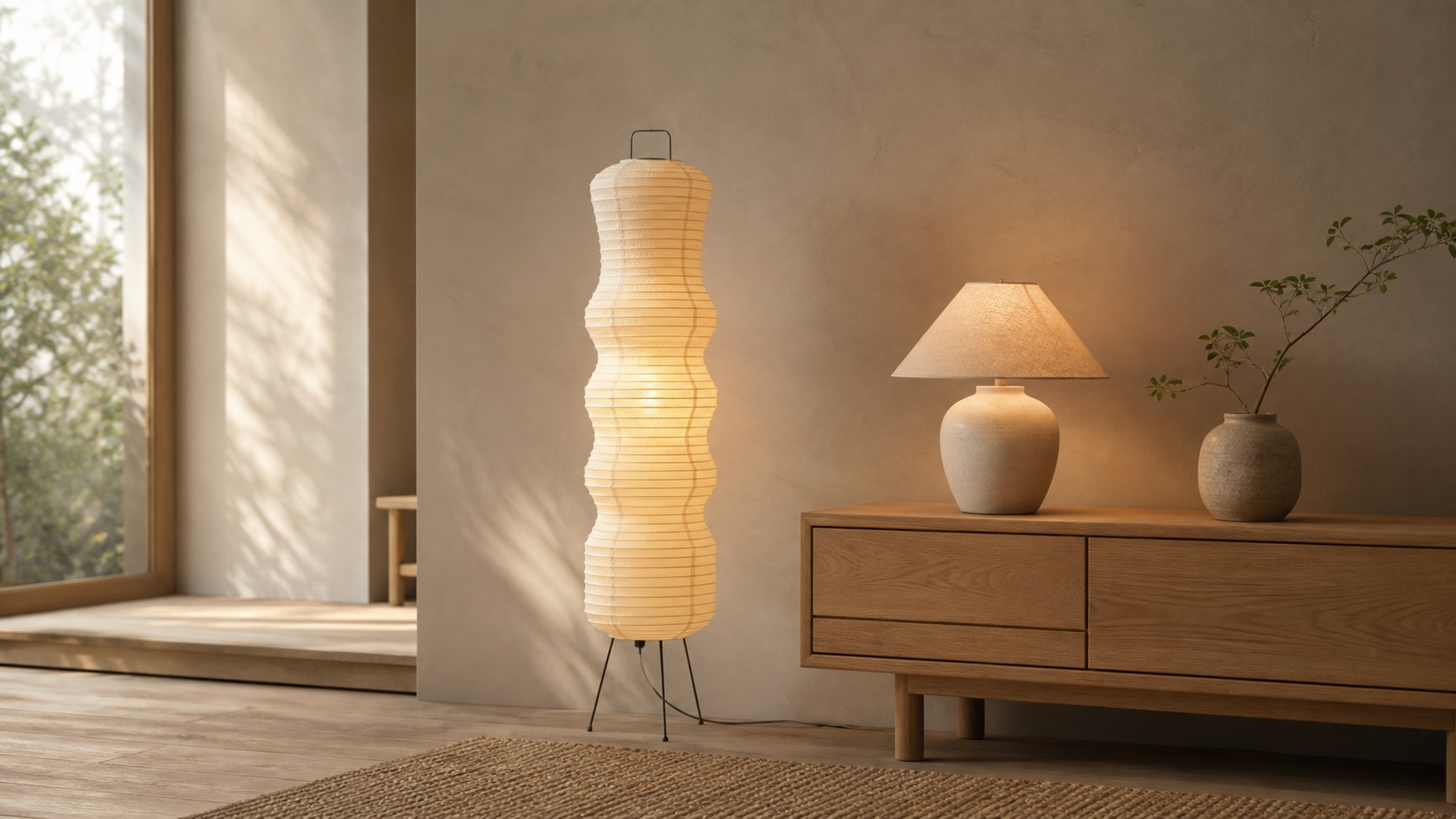 Japandi-belysning: en hög rispapperslampa (Akari-typ) som lyser mjukt bredvid en låg ekskänk med en matt keramikbordslampa med linneskärm, mot en varm greige vägg