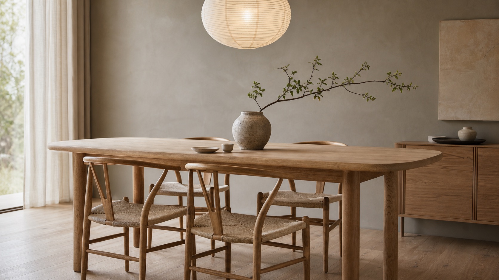 Japandi-matplats med ett matbord i massiv ljus ek med mjuka kanter, pinnstolar med flätad papperssits, en stengodsvas med en kvist och en rispapperslampa ovanför