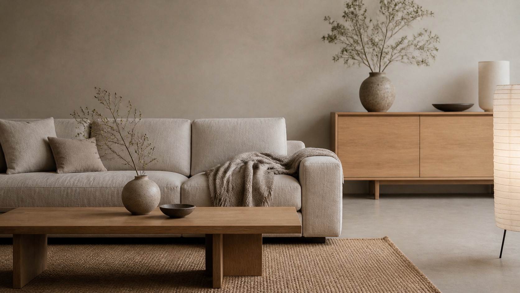 Varmt svenskt japandi-vardagsrum med en låg linnesoffa, en ullpläd, ett lågt soffbord i massiv ek med en keramikvas, en låg eksideboard och en rispapperslampa mot en greige vägg