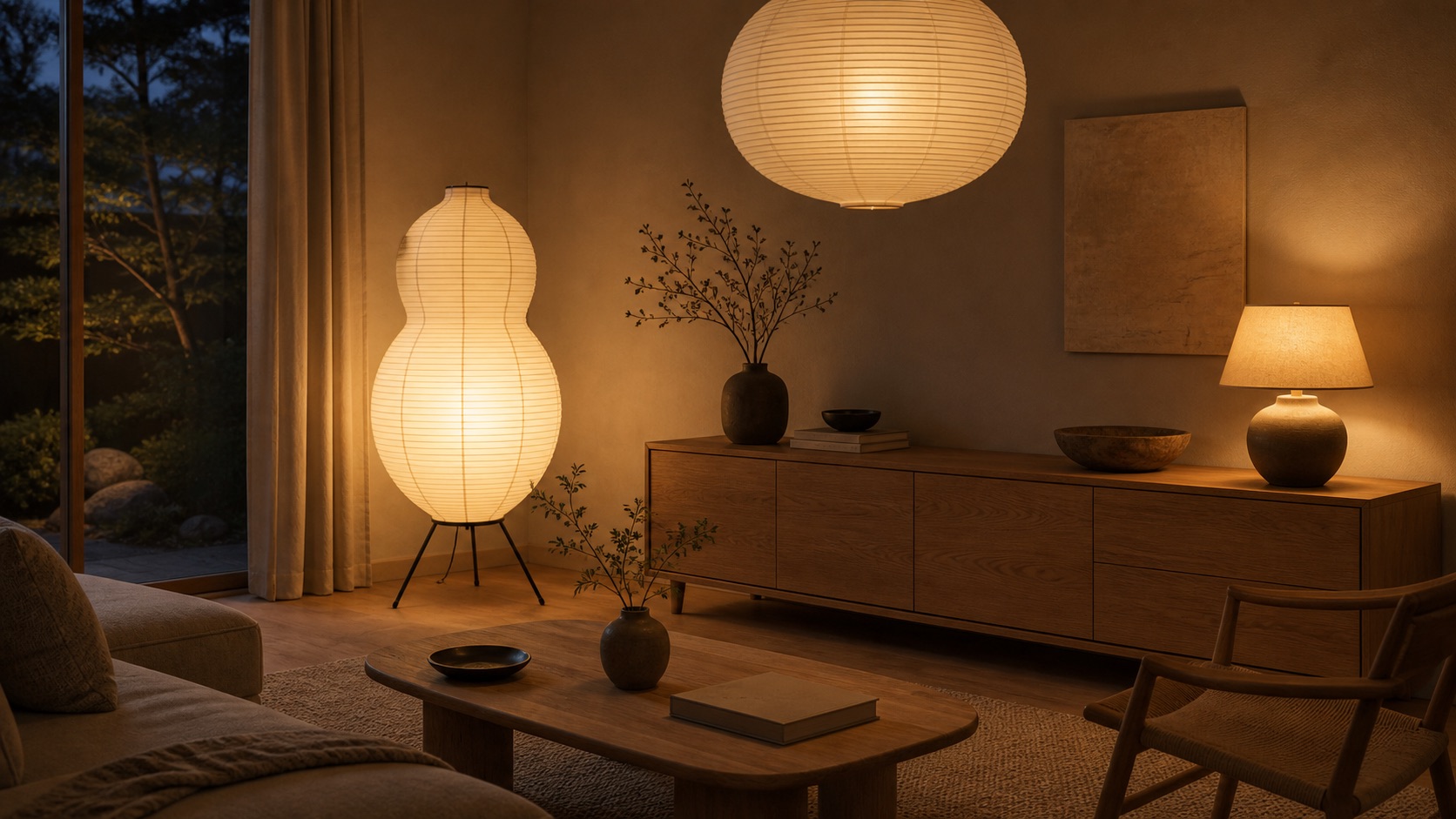 Japandi-belysning i skymning: en stor rispapperslampa på golvet, en keramikbordslampa och en papperspendel som ger varmt, mjukt och lågt ljus i ett rum med greige väggar