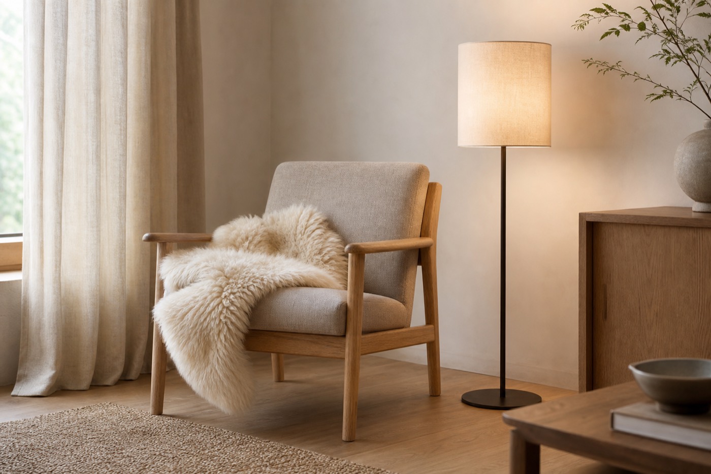Skön läsvrå med en fåtölj i massivt trä, ett fårskinn och en enkel golvlampa i linne