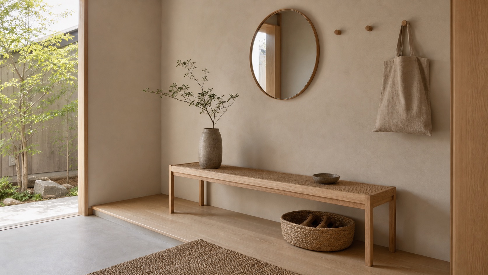 Japandi-hall med en låg ekbänk med flätad sits, en rund spegel, träkrokar med en linneväska, en korg för skor och en stengodsvas med en kvist mot en varm greige vägg