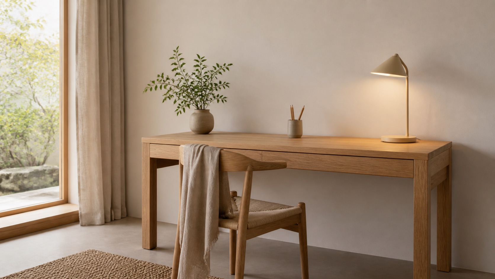 Japandi-hemmakontor med ett skrivbord i massiv ek, en låg stol med flätad sits och en linnepläd, en keramikkopp med pennor, en grön växt och en varm bordslampa