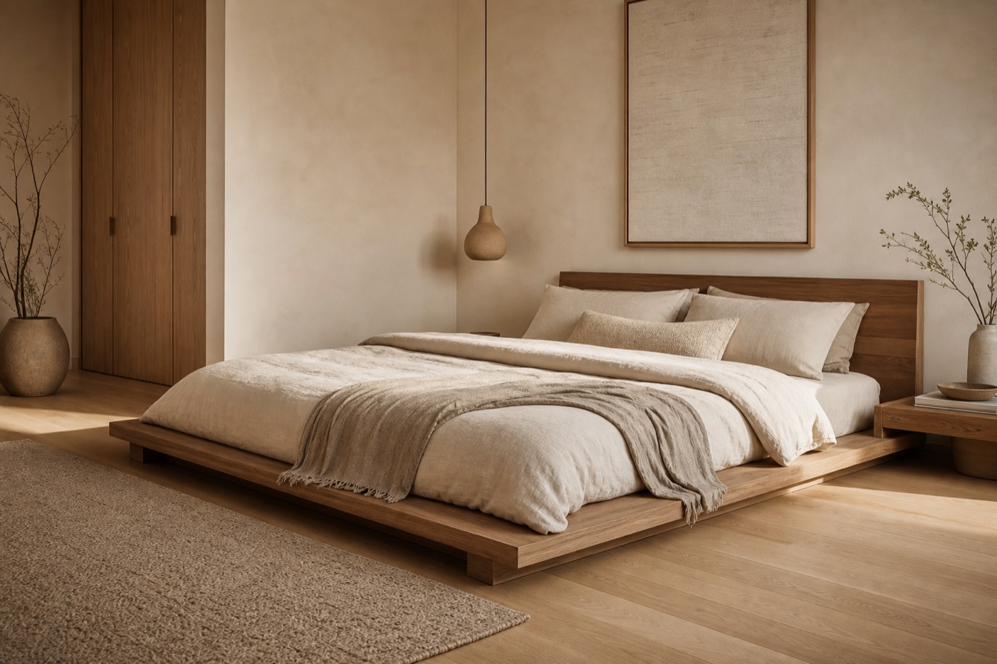Vitt morgonljus i ett minimalistiskt sovrum med en låg plattformssäng, bäddad i lin, och en rund pendellampa vid sidan