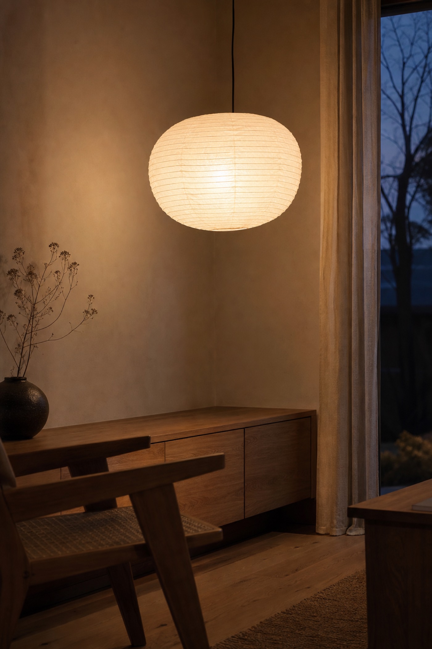 En rund papperslampa i varmt sken vid skymning — pappersljusets japanska ursprung i ett nordiskt hem