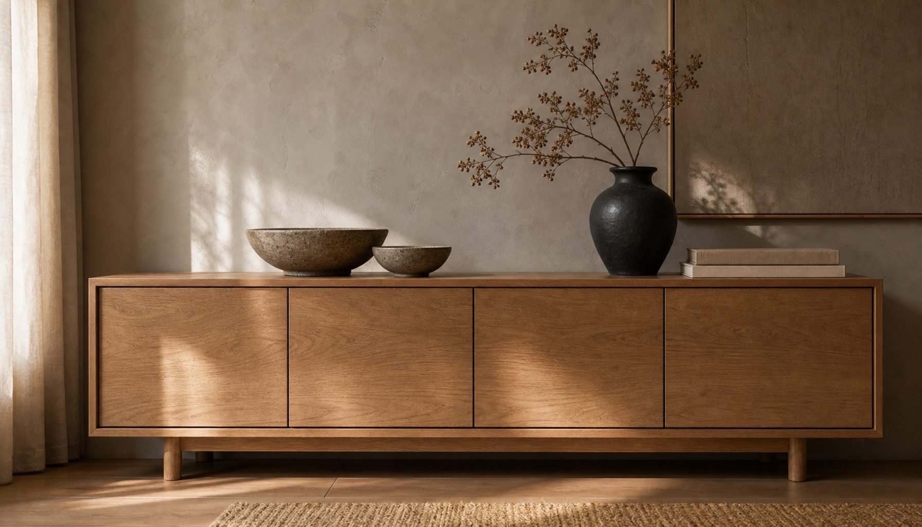 Lågt japandi-sideboard i massiv ek med handgjord keramik och en torkad kvist mot en varm greige vägg