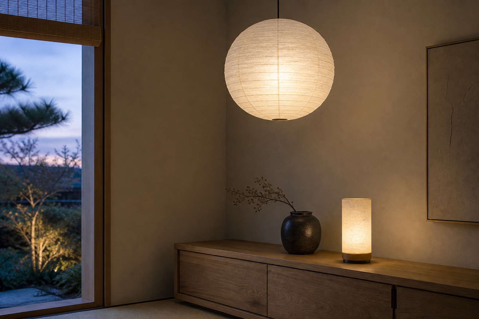 Japansk lampa och lykta: en rund papperslykta i washi som lyser varmt över en låg ekbänk, bredvid en liten cylindrisk rispapperslampa och en keramikvas i ett stilla rum