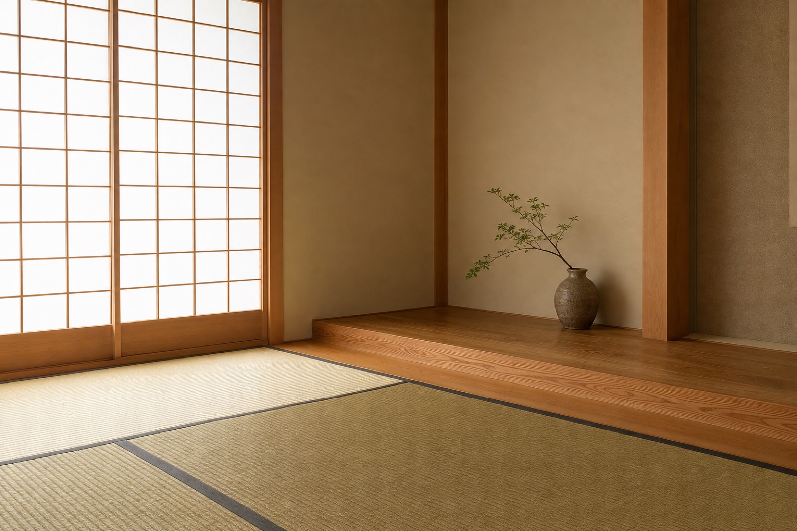 Japansk matta: vävda igusa-tatamimattor på golvet i ett stilla japanskt rum, med en låg träplattform och mjukt dagsljus genom en shoji-skärm