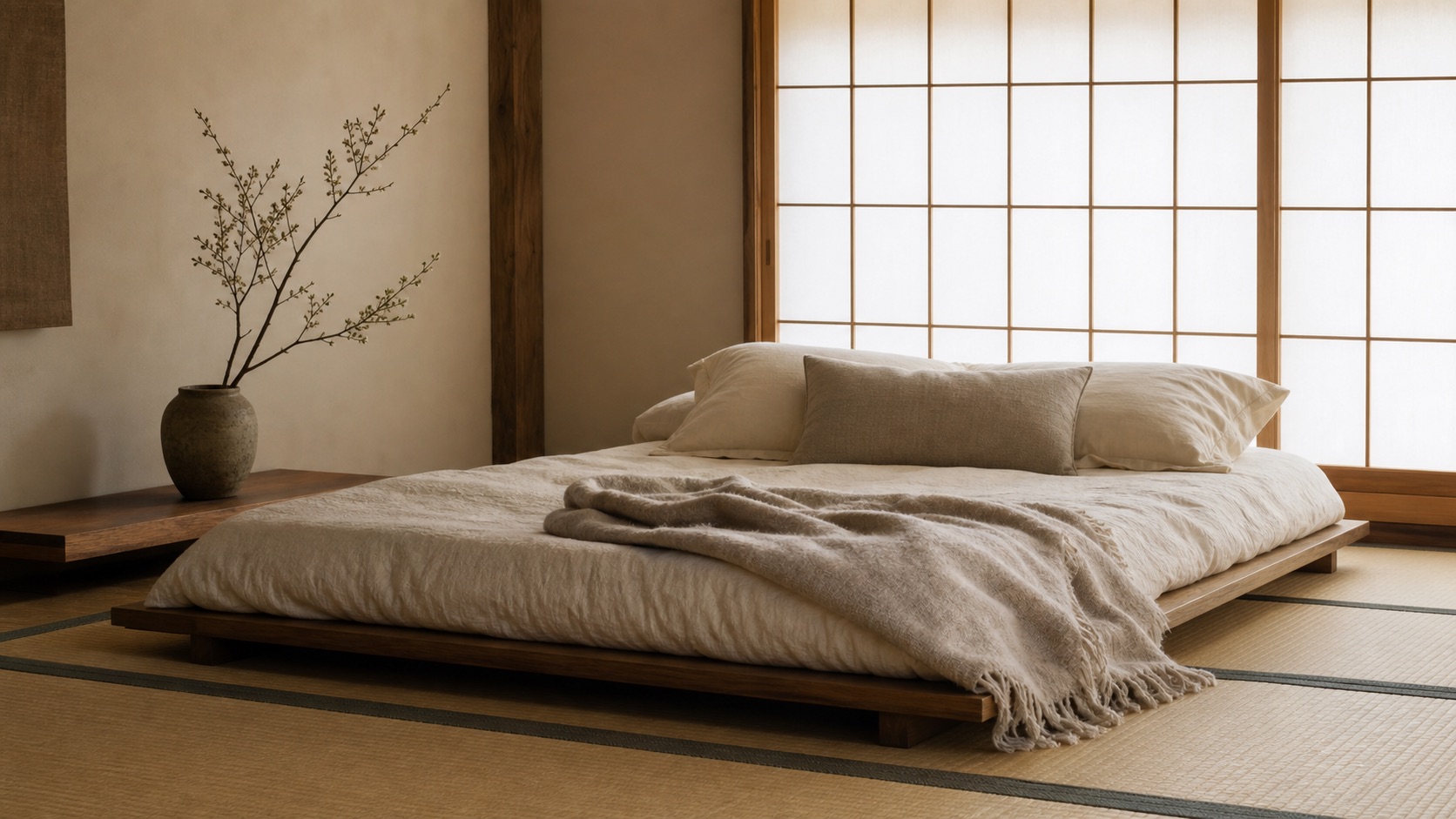 Japansk säng: en låg futon i oatmeal- och varmvitt lin på ett tatami-golv framför en rispappersskärm, med en kvist i en stengodsvas — lågt och luftigt