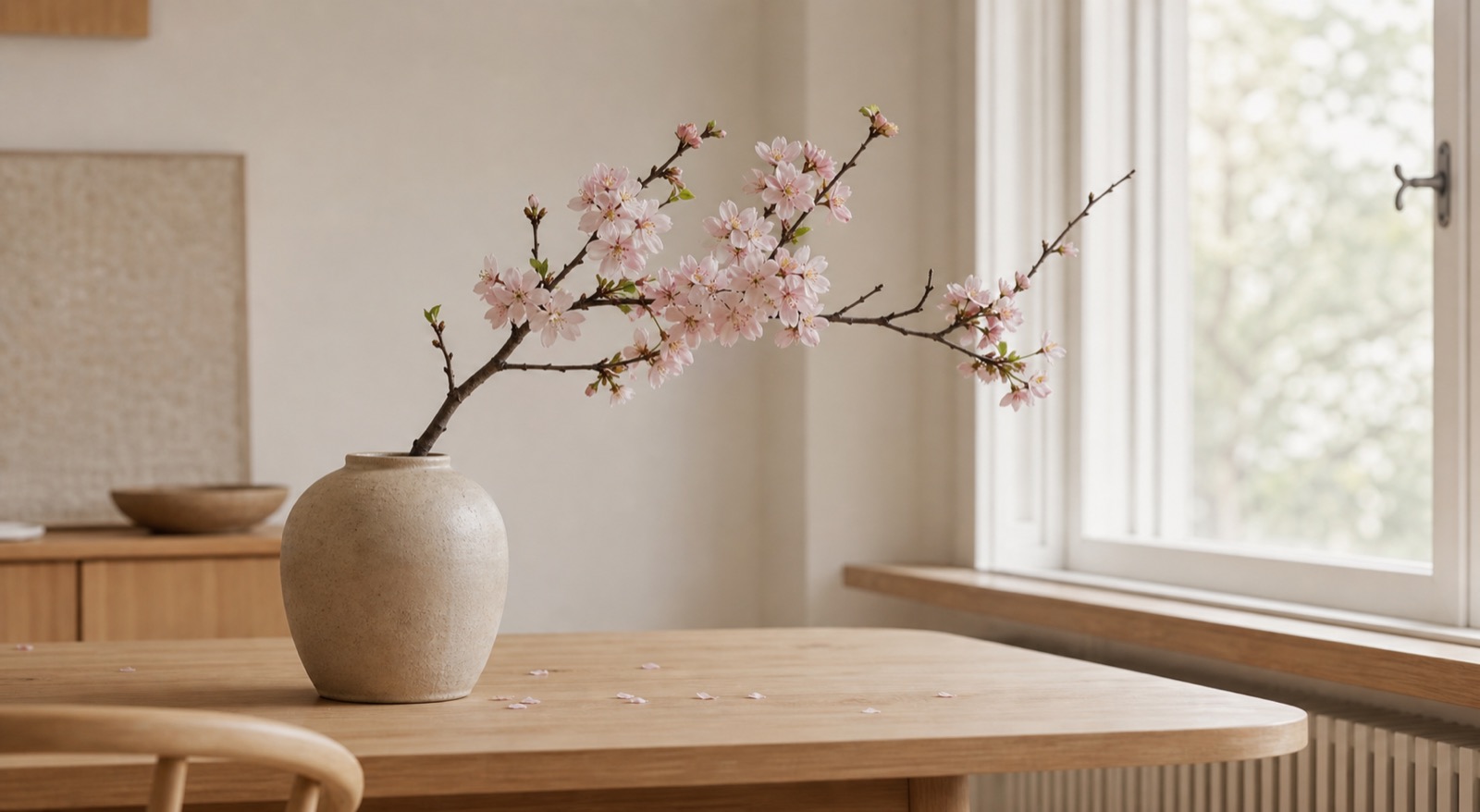 Blommande körsbärsgren (sakura) i en enkel stengodsvas på ett ljust ekbord vid ett fönster, med några fallna rosa kronblad på bordsskivan