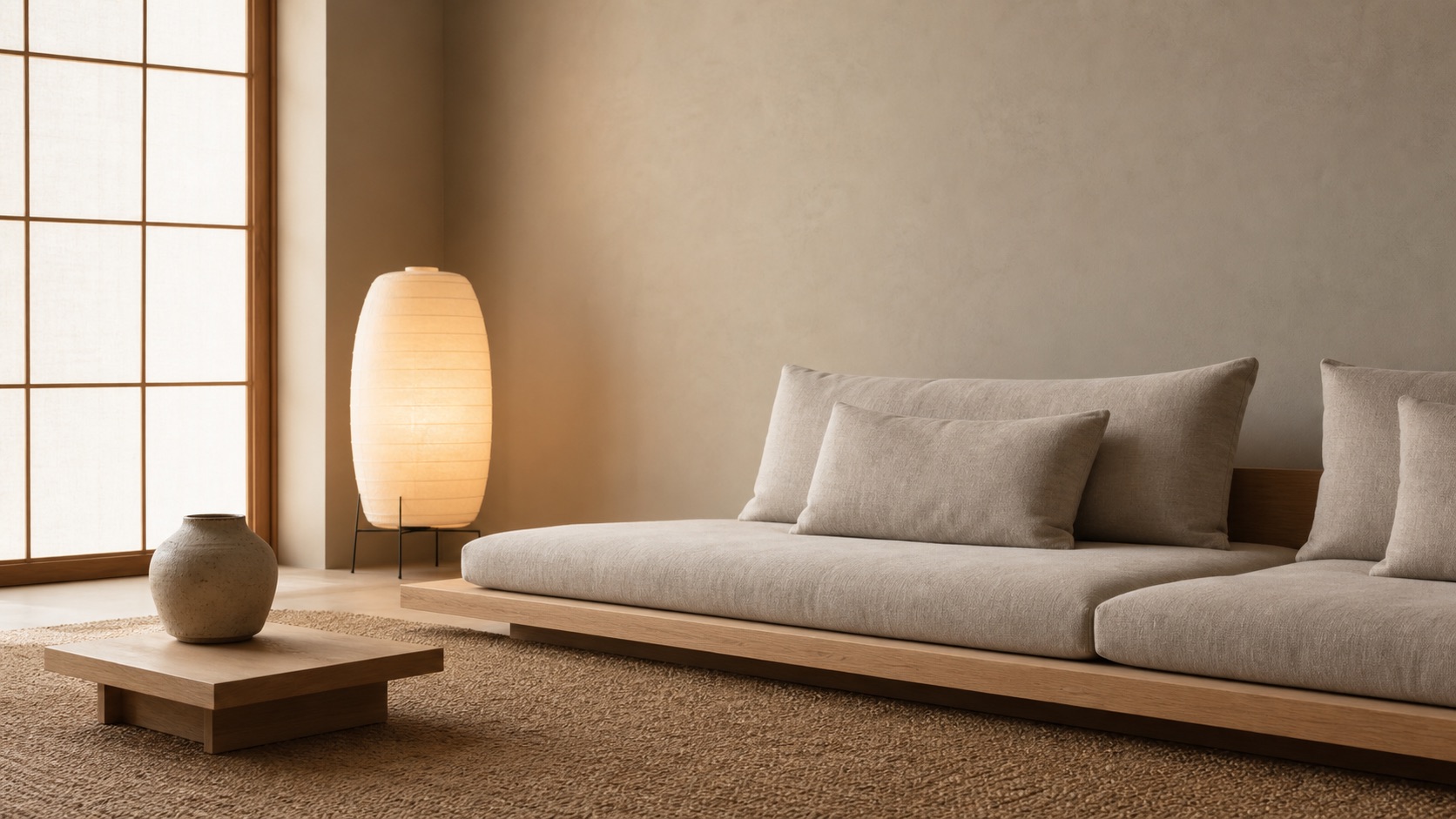 Stillsam Japan-möter-Norden-scen: en mycket låg soffa i massiv ljus ek med oatmeallinne, en rispapperslampa och en rispappersskärm som silar dagsljus mot en varm greige vägg