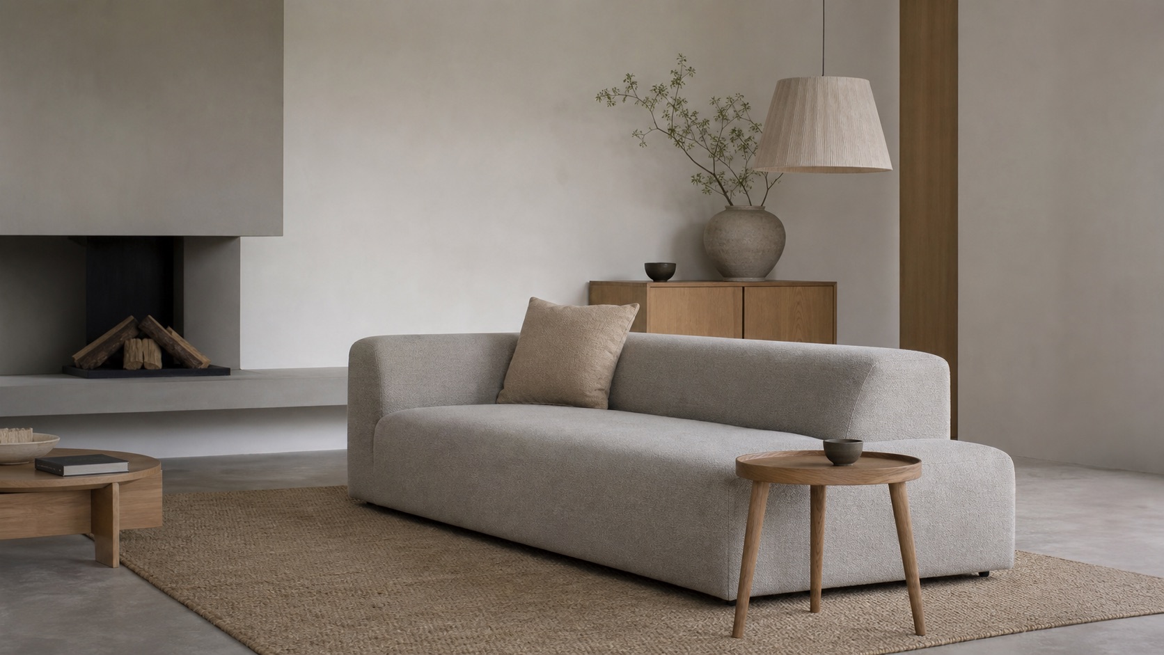 Ren, samtida skandinavisk vardagsrumsscen: en låg arkitektonisk soffa i gråbeige ull, ett runt lågt sidobord i ek, en veckad pendellampa och en låg eksideboard i en dämpad greige-grå palett