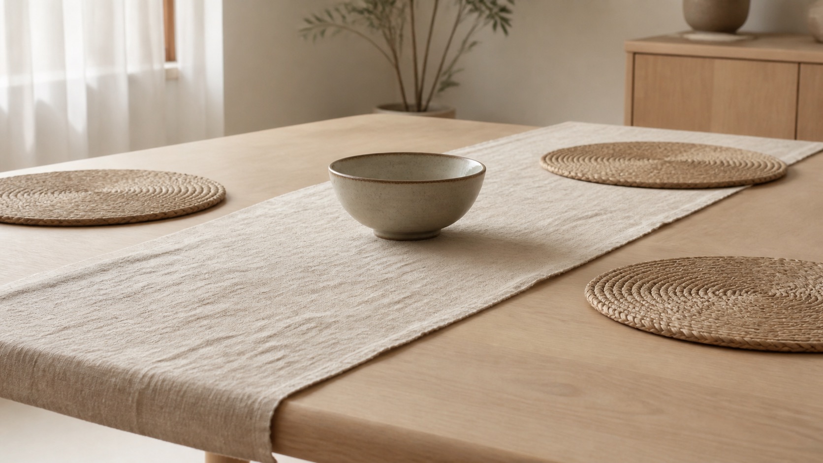 Bordstablett och löpare i naturlin på ett ljust ekmatbord med en dämpad keramikskål, japandi-dukning