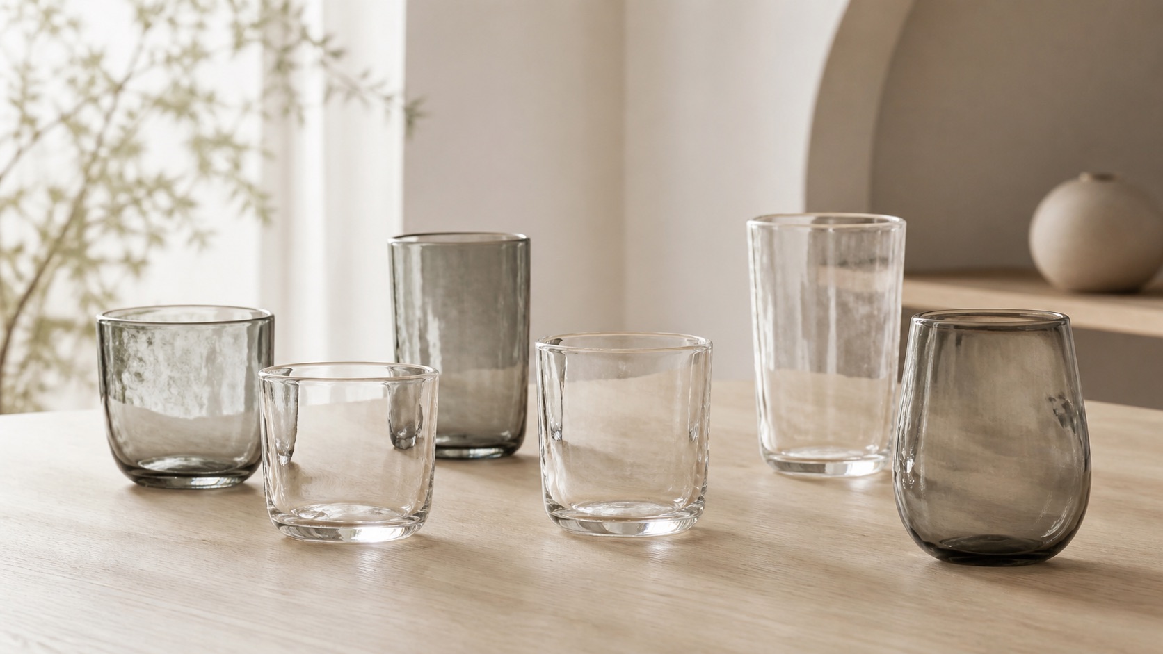 Japandi-glas: munblåsta klara och rökgrå glas på ett ekbord i mjukt dagsljus