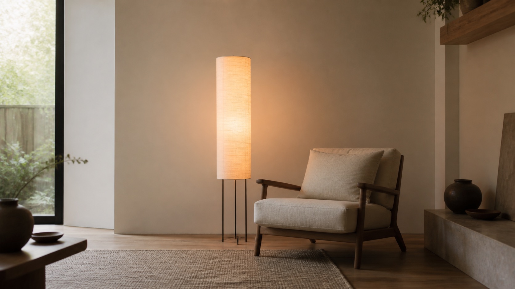 Japandi-golvlampa med varm pappersskärm intill en låg fåtölj i ett dämpat rum