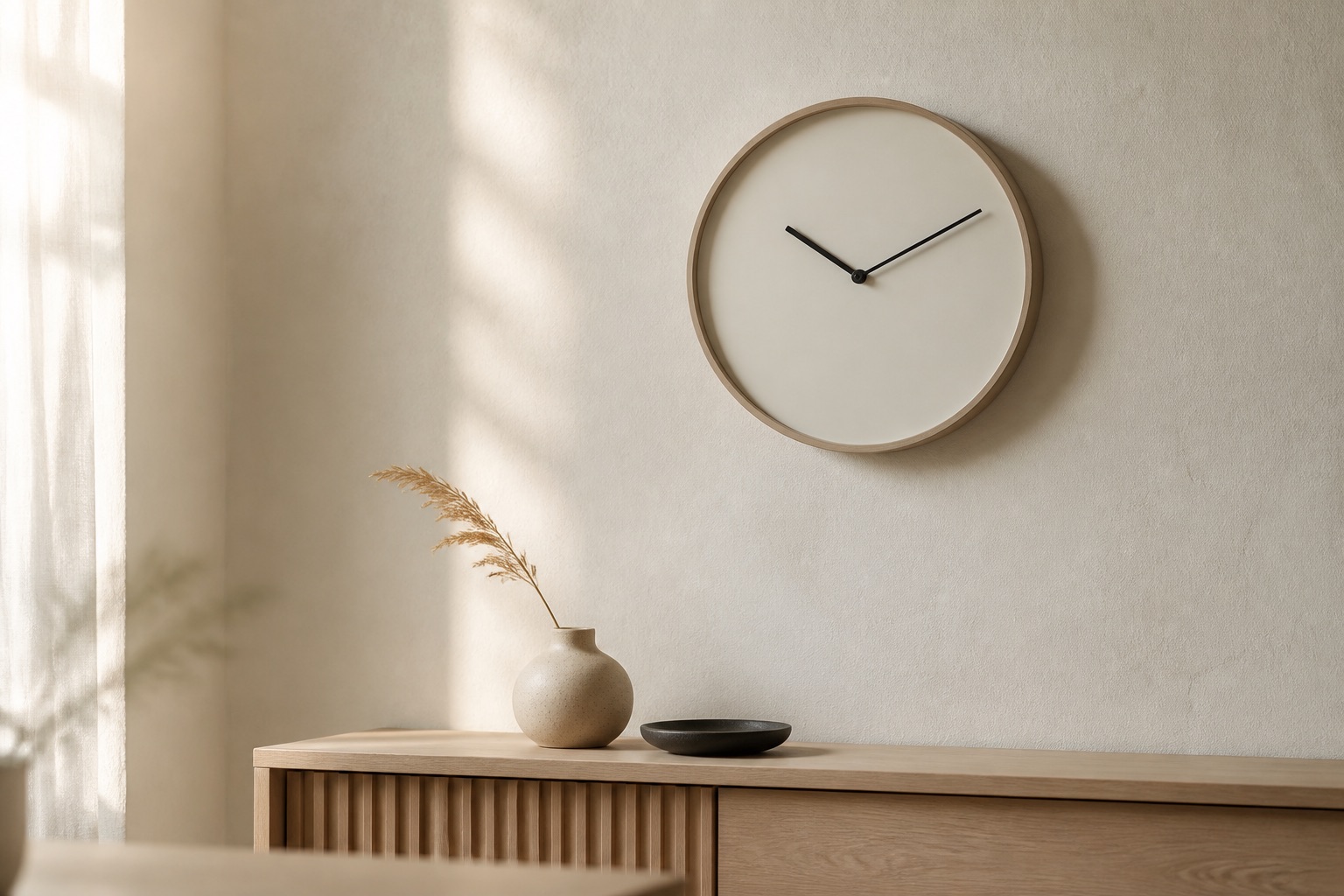En minimalistisk väggklocka i naturträ utan siffror på en kalkputsad vägg i ett lugnt japandi-rum