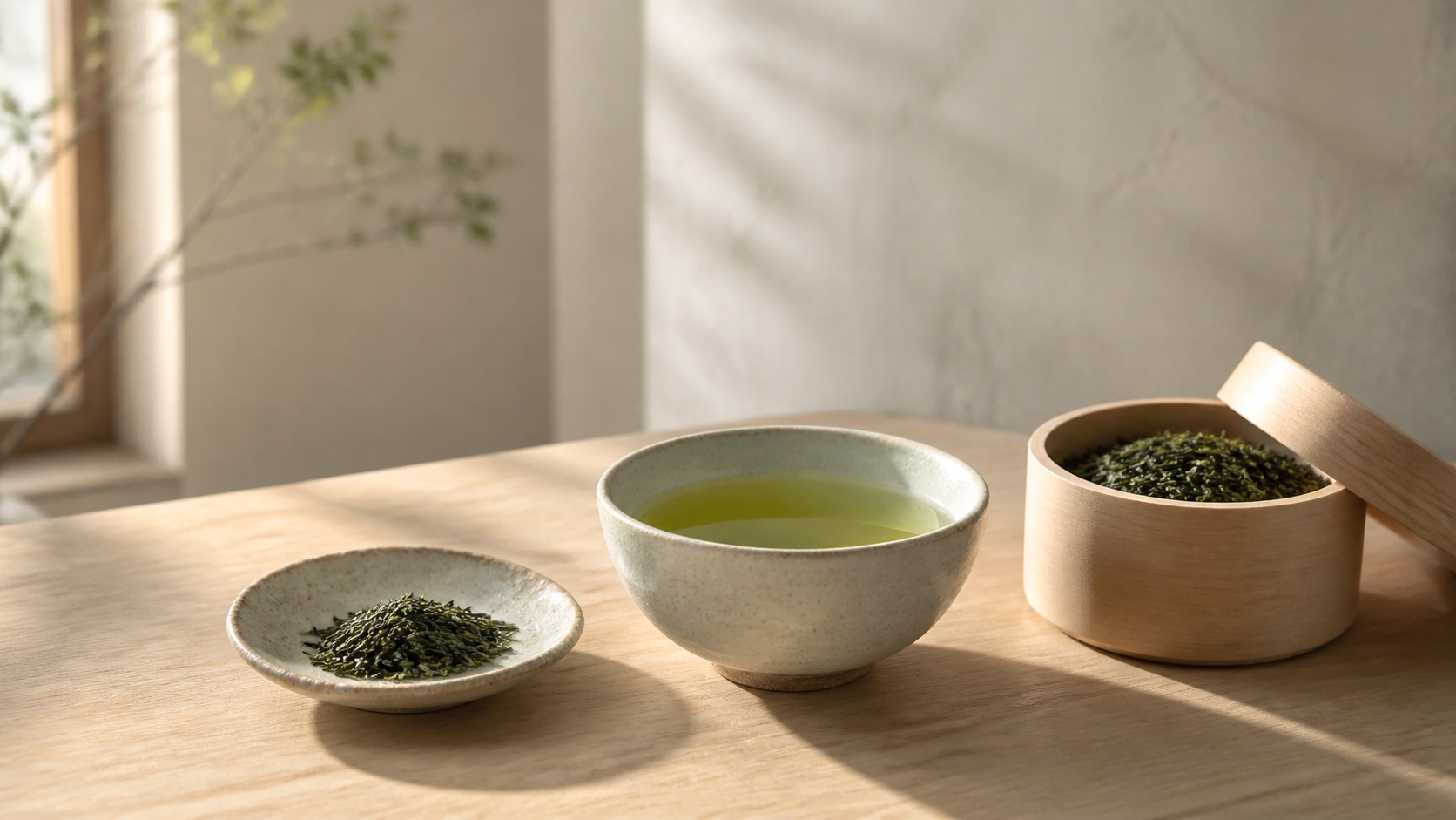 Japanskt te på ett japandi-bord: löst sencha i en liten skål, en kopp ljusgrönt te och en trälåda med teblad i mjukt dagsljus