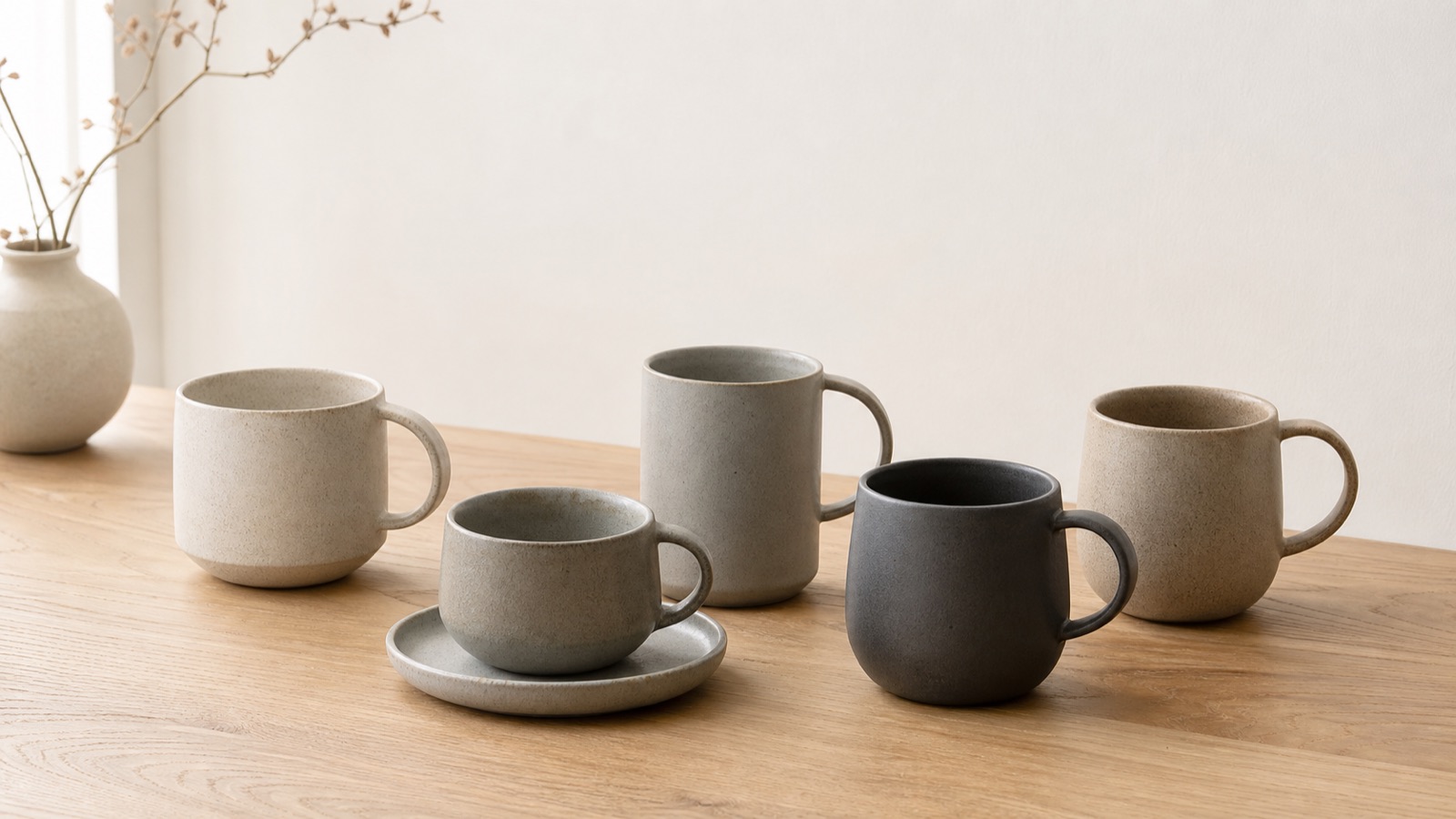 Kaffekoppar och muggar i matt stengods i sand, grå och kolsvart glasyr på ett ljust ekbord i japandi-miljö