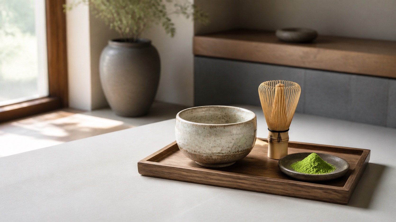 Matcha-set: chawan-skål, bambuvisp (chasen) och matchapulver på en träbricka