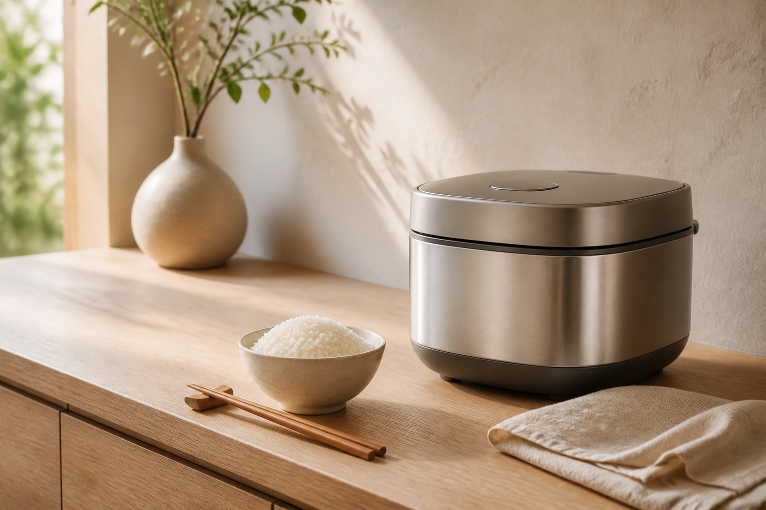 Minimalistisk riskokare i rostfritt stål på en ljus ekbänk med en skål nykokt ris och ätpinnar bredvid, i mjukt japandi-ljus