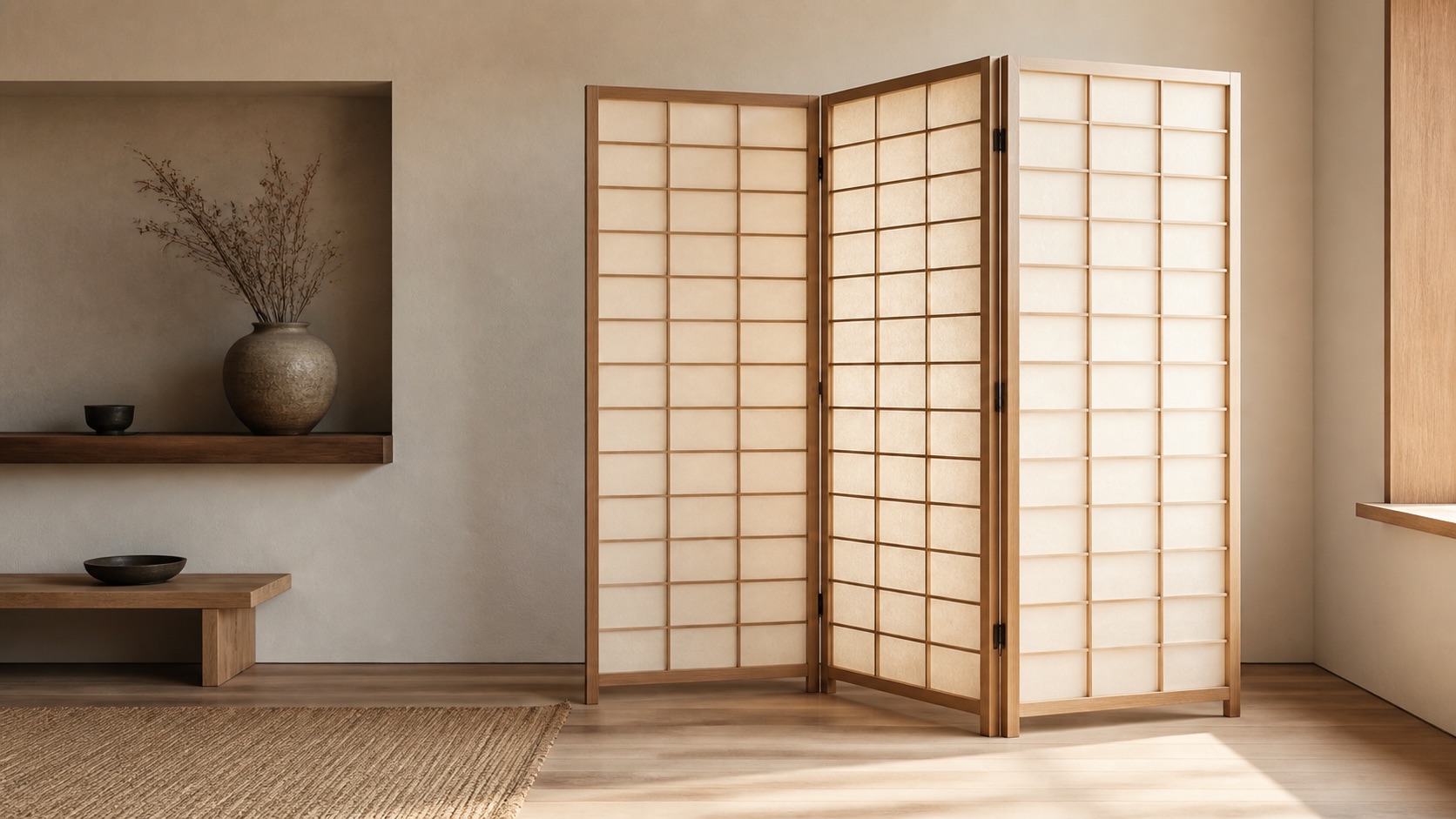 Rumsavdelare i shoji-stil med trä och papper i ett lugnt japandi-rum