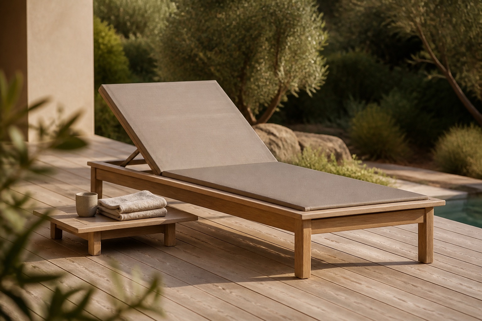 En minimalistisk solstol i teak på ett trädäck i en lugn japandi-trädgård i mjukt kvällsljus