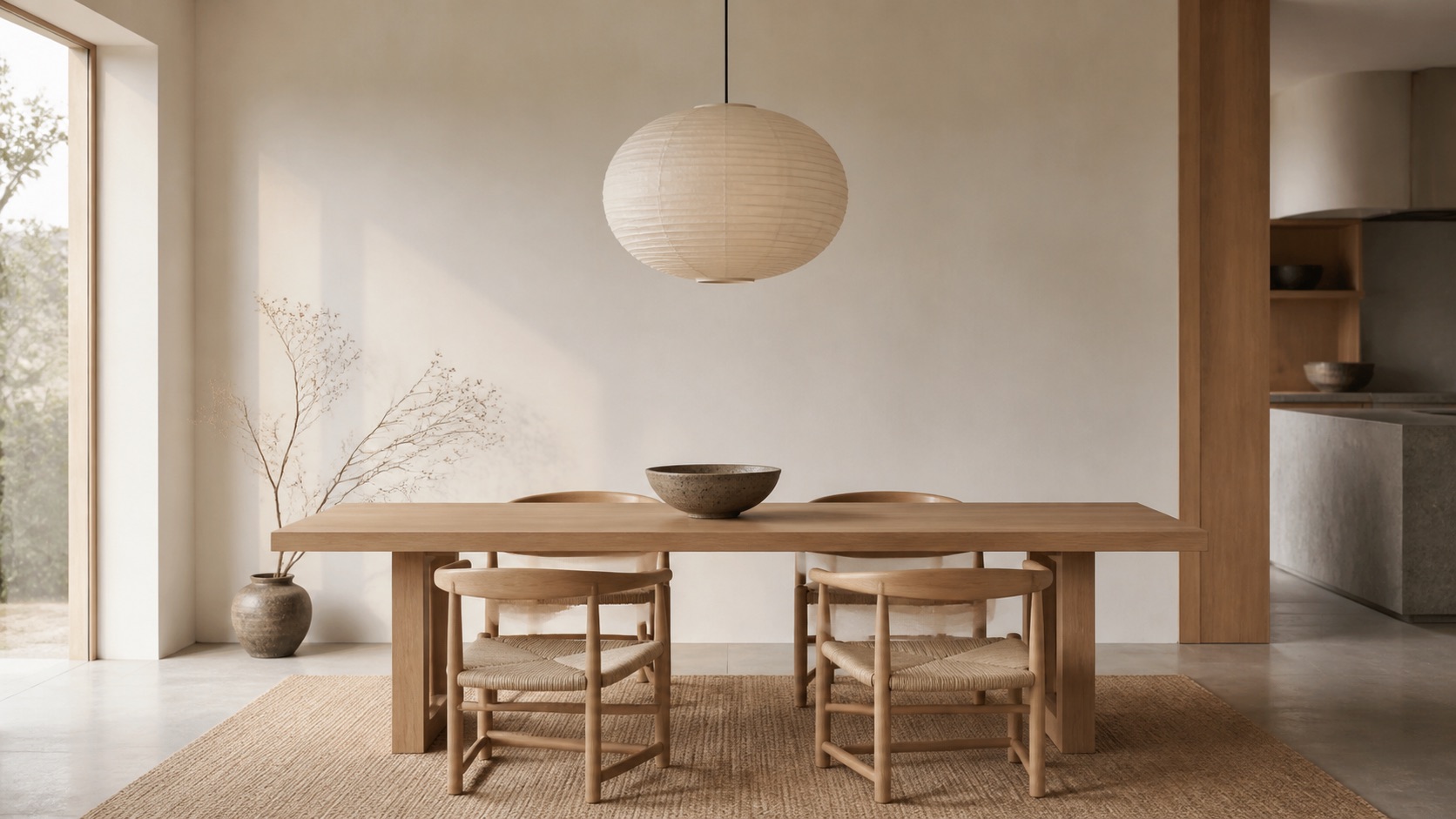 Japandi-matplats med ljust ekbord, låga trästolar och en keramikskål under en papperslampa