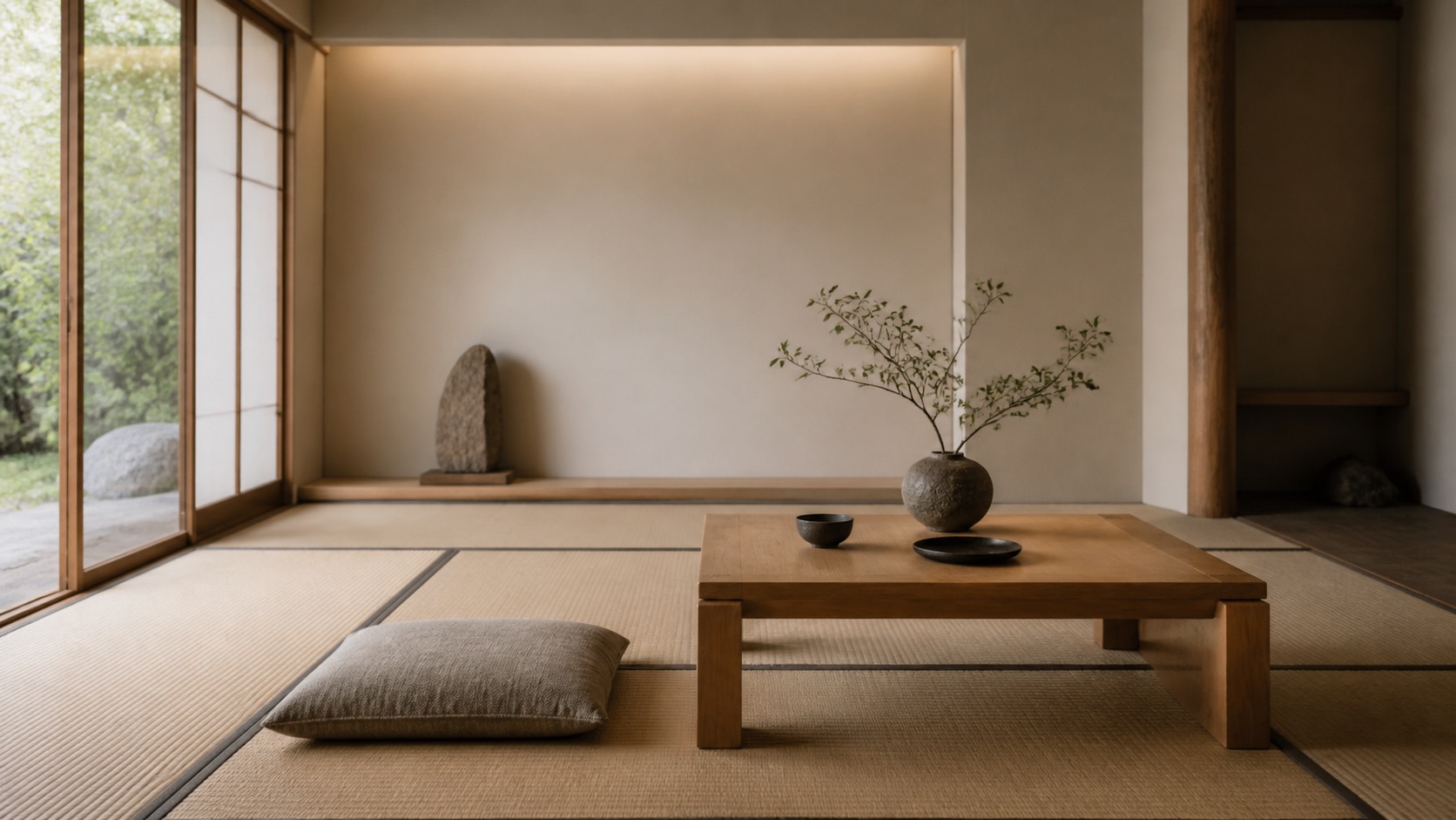 Japanskt golv i tatami med ett lågt träbord och en golvkudde i ett stillsamt japanskt rum