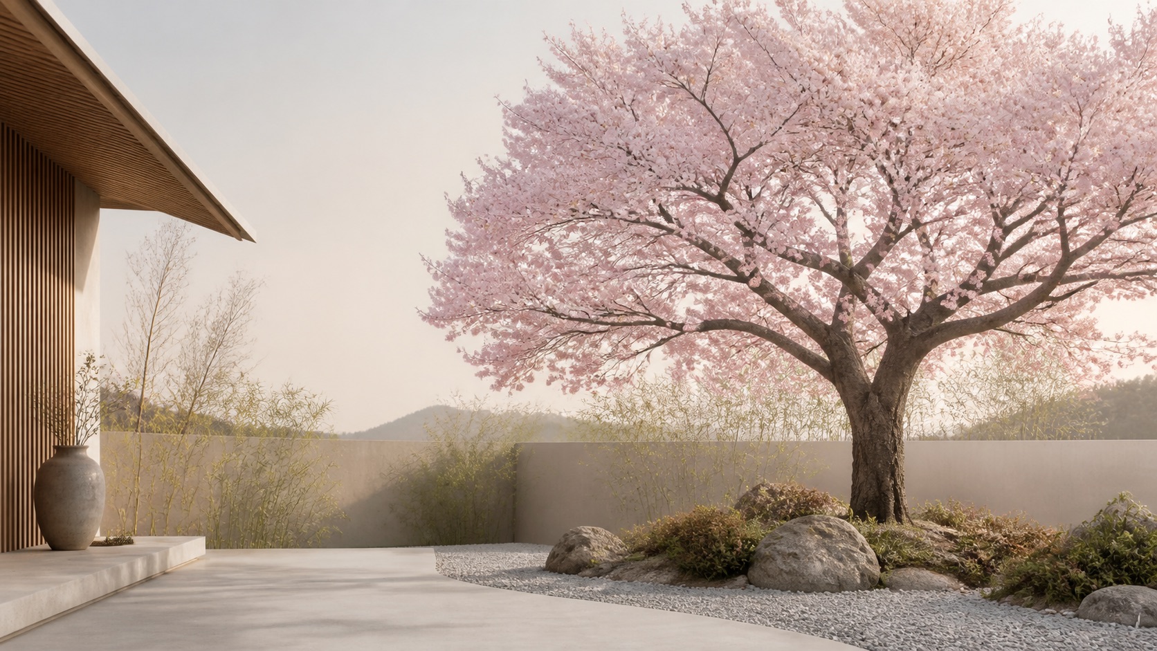 Ett blommande japanskt körsbärsträd (sakura) i mjukt rosa mot en lugn himmel i en trädgård
