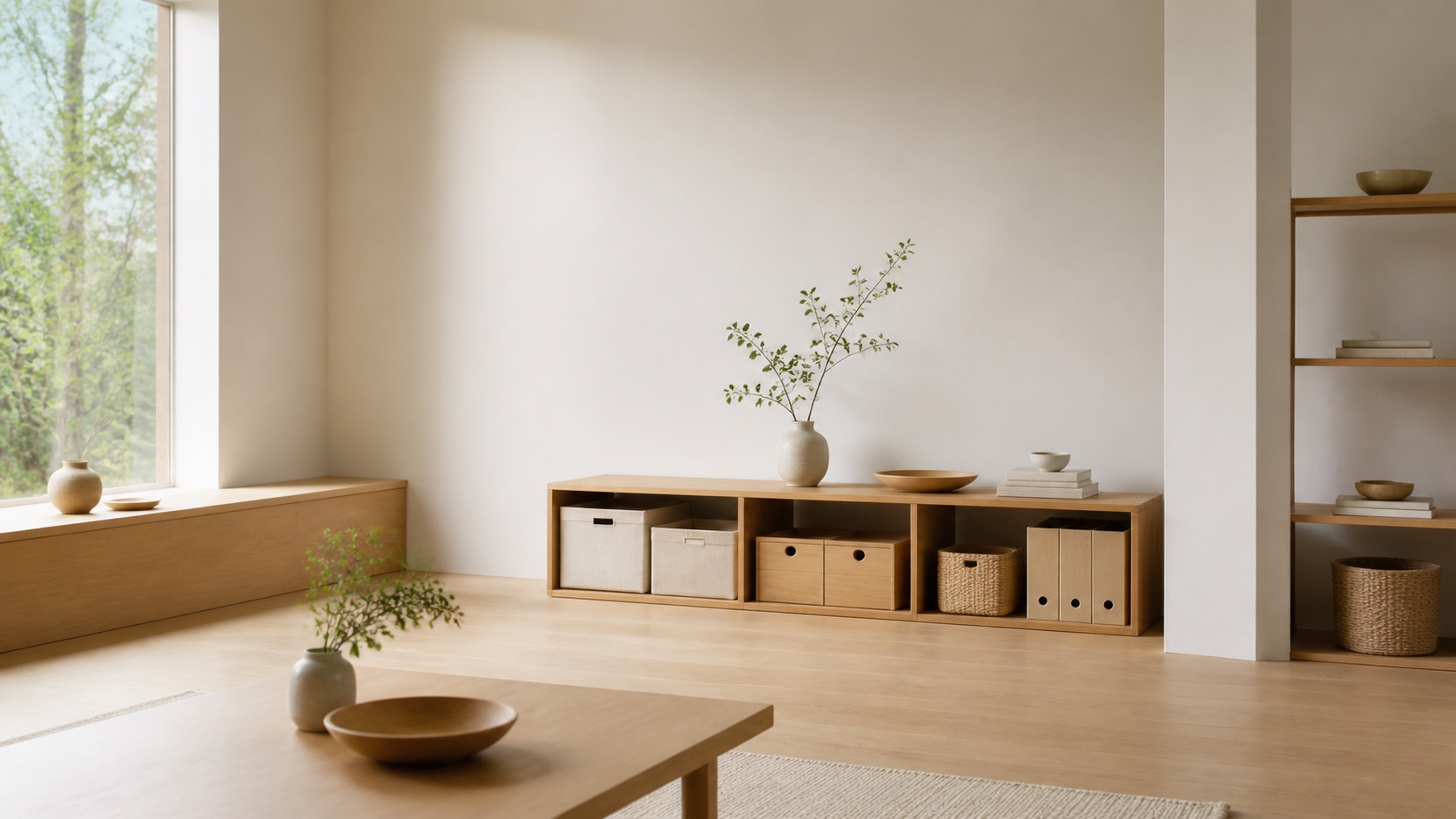 MUJI-stil japandi-rum med ljust trä, vita väggar, enkla förvaringslådor och gott om tomrum