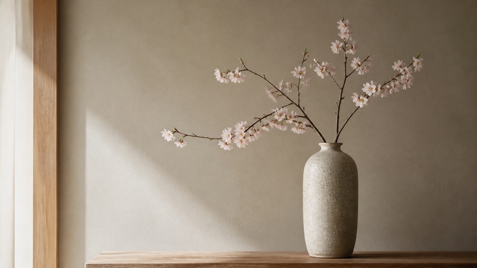 Dekorativa sakura-grenar i en hög stengodsvas mot en lugn dämpad vägg