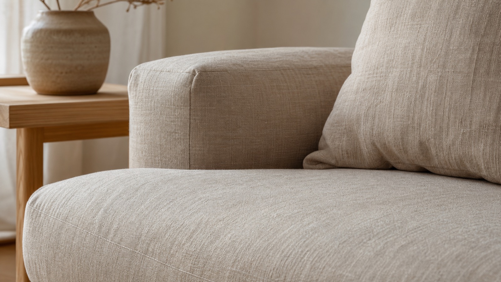 Närbild på en låg soffa i naturbeige linnetyg där vävens struktur syns tydligt, med sidobord i ek och stengodsvas i mjukt dagsljus