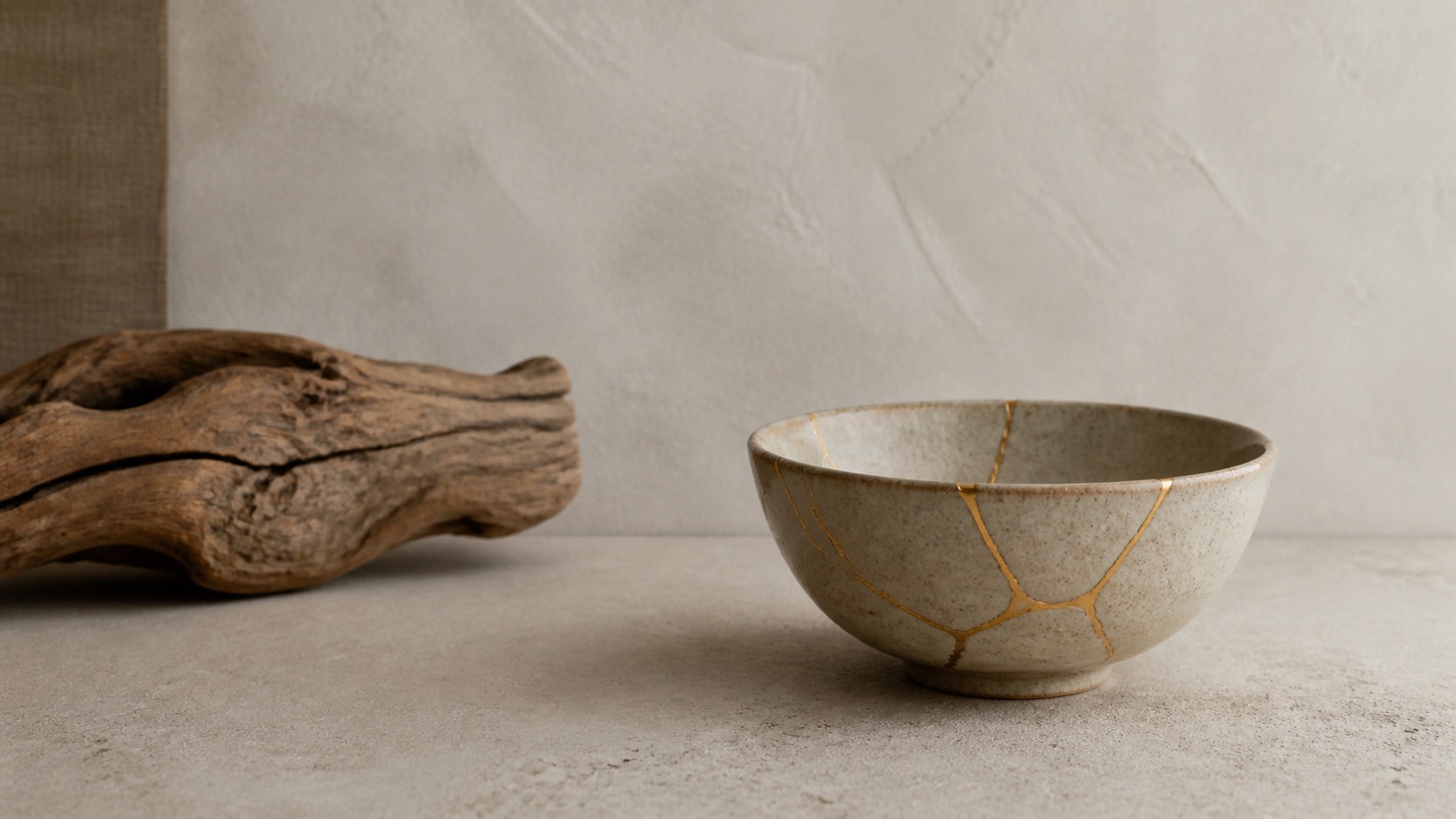 Wabi-sabi stilleben: en kintsugi-lagad keramikskål och ett nött träföremål i mjukt dagsljus