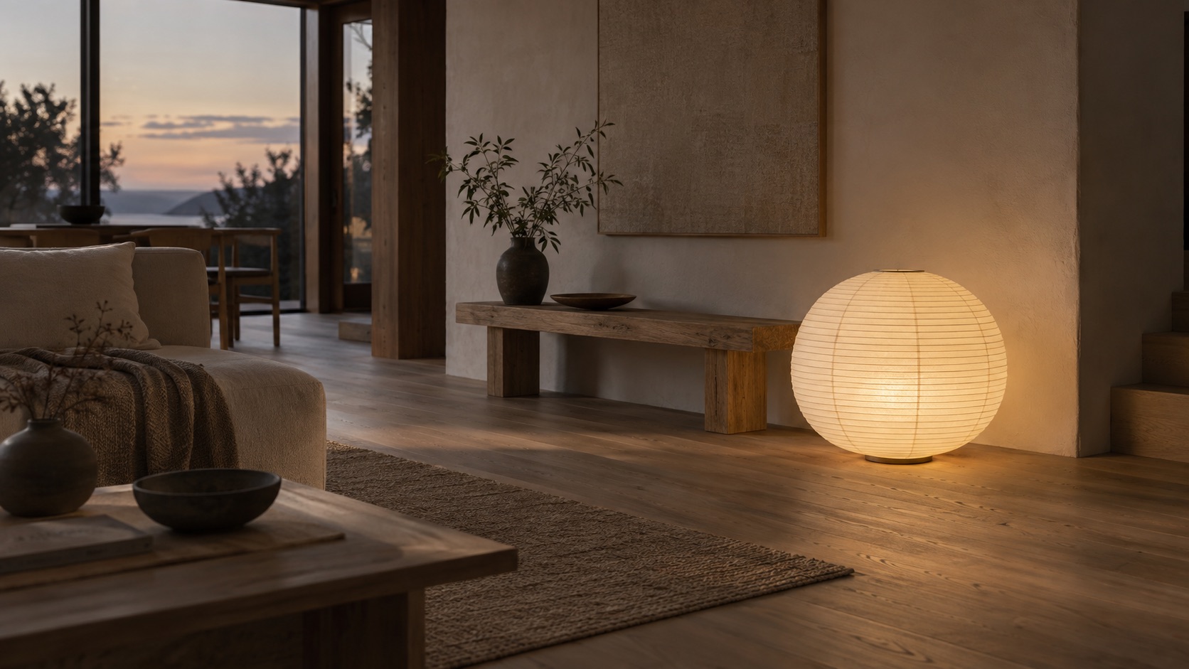 Papperslampa i washi som lyser i ett japandirum i skymning, bredvid en låg ekbänk och en ljus putsvägg