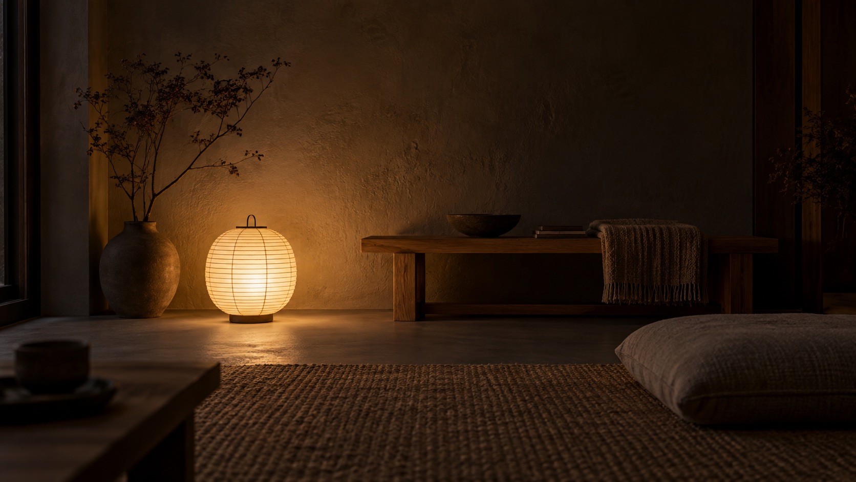 Japanskt ljus: ett rum i skymning där en glödande papperslampa på golvet är enda ljuskällan och rummets hörn försvinner i mjuk skugga